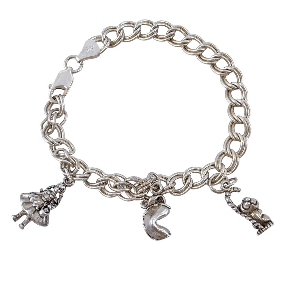 Vintage Italy Sterling Silver 925 Double Link Charm Bracelet 7.25"